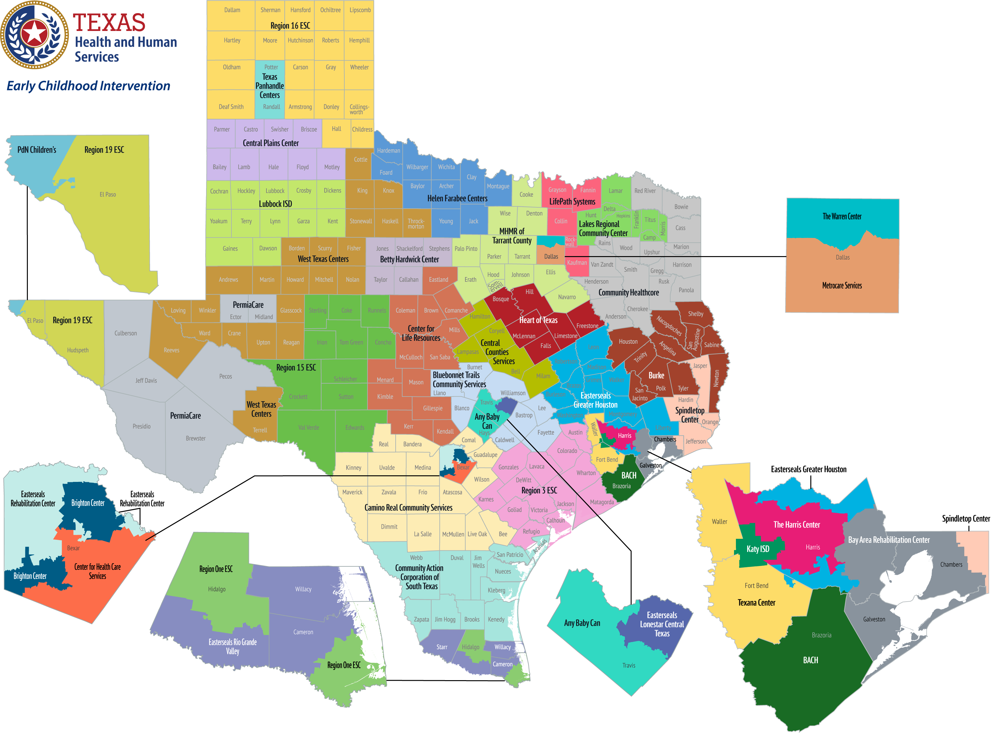 ECI FY2026 Program Map showing ECI program service areas across Texas